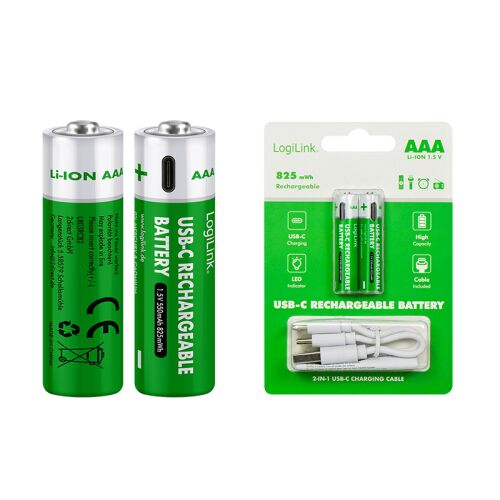 Logilink AAA elemek 1.5V USB-C 550 mAh 2 db LED Li-ion töltéshez 174696043 - Akkumulátor