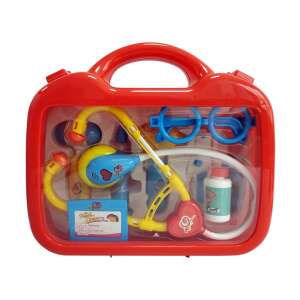Lekárska hracia súprava so zvukom v taške, obsahuje stetoskop, reflexný kladivo, otoskop, jazykový stierka, okuliare, striekačku a fľašu s liekom - Lekárske hračky