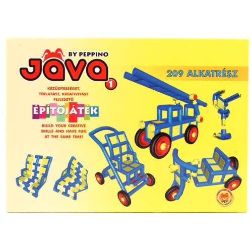 Set de construcție Java 1 de la Peppino, 209 piese, blocuri de construcție din plastic albastru și galben, conectori, roți, trolii și accesorii, construiește mobilier, utilaje de construcții și obiecte de uz casnic