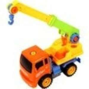 Orange and yellow toy crane truck with a green crane arm, suitable for children - Work machine for children