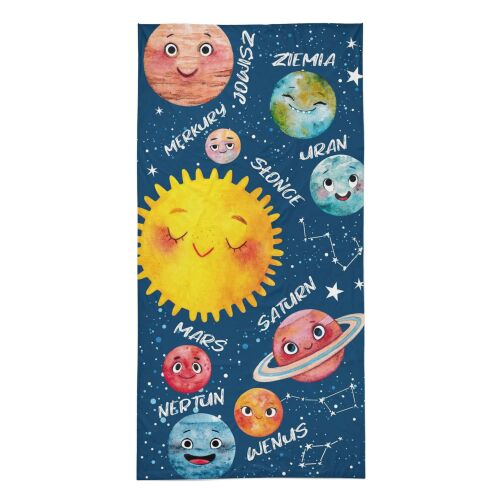 Licencelt HAPPY PLANETS 70x140cm pamut törölköző színes bolygó és nap karakterekkel sötétkék alapon, ideális gyerekeknek - Törölköző