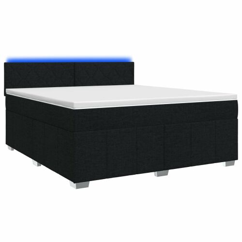 vidaXL fekete 160x200 cm-es LED boxspring ágy állítható fejtámlával és matraccal sima fehér háttéren, ferde nézetben 