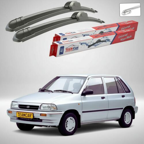 TeamCar lapos első ablaktörlő lapát szett Kia Pride I DA Hatchback 1990-2000-hez, csomagolással és az autóval 