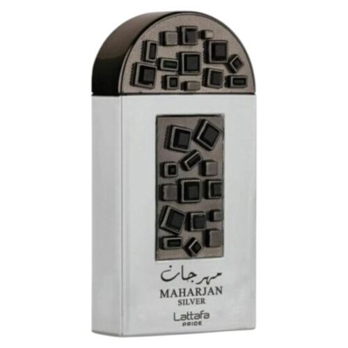 Lattafa Armaf Maharjan Silver EDP unisex 100ml parfümös üveg sima fehér háttéren, ezüst és fekete dizájnnal, négyzet alakú részletekkel - Testápolás és higiénia