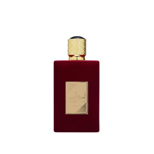 Asdaaf Ameerat Al Arab EDP 100 ml uniszex parfüm piros bársony üvegben, arany és fekete kupakkal, fehér háttér előtt - Unisex parfüm