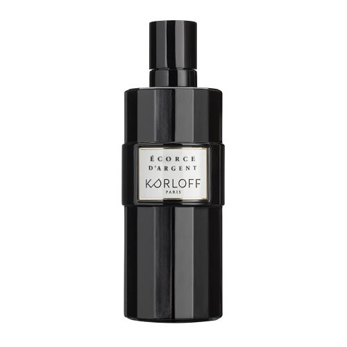 Korloff Ecorce D'argent EDP 100ml unisex parfüm üveg fehér háttéren, elegáns fekete üveg ezüst címkével, fás fűszeres illat - Unisex parfüm