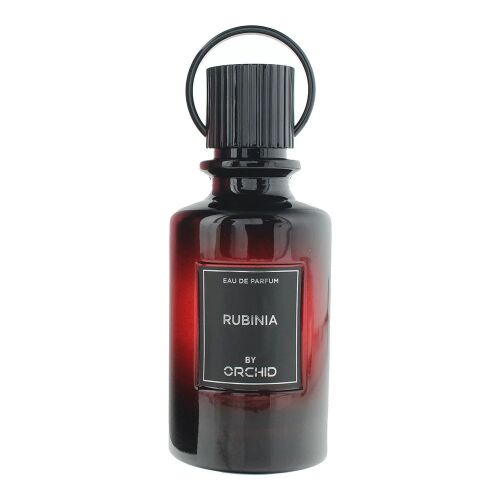 Orchid Rubinia EDP Unisex 100ml parfümös üveg, piros üveg fekete címkével és kupakkal, fehér háttérrel 