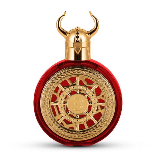 Bharara Viking Kashmir uniszex parfüm piros és arany üvegben, viking sisak alakú kupakkal, fehér háttérrel, 100ml - Unisex parfüm