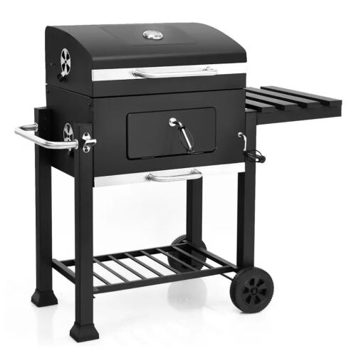 Faszenes grillező PDQ41957 fehér háttéren, fekete faszenes BBQ grill kerekekkel - Kerti grillsütő