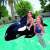 Bestway Giant Killer Whale Rider, inflatable pool toy, black and white, 203x102 cm, in pool, child riding