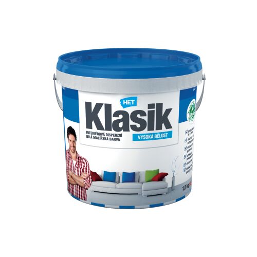 HET Klasik 1,5 kg beltéri fehér festék vödör címkével, férfival és nappalival - Beltéri falfesték