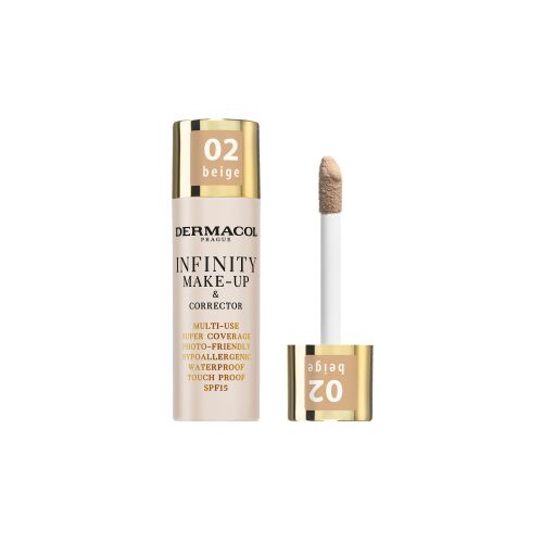 Dermacol Infinity Make-Up + Korrektor 02 Bézs árnyalatban, többcélú, szuper fedésű, fotóbarát, hipoallergén, vízálló, érintésbiztos, SPF15 fényvédelemmel, applikátorral együtt - Sminkelés