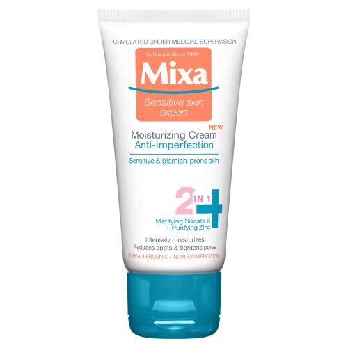 Mixa hidratáló krém bőrhibák ellen érzékeny és pattanásos bőrre, 50ml, mattító szilikát S és tisztító cink tartalommal, csökkenti a foltokat és összehúzza a pórusokat, hipoallergén és nem-komedogén - Krém