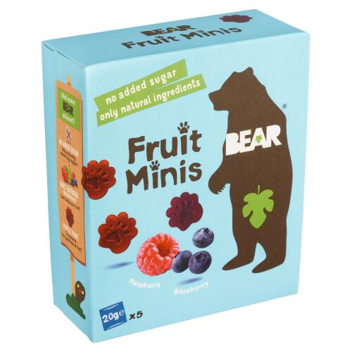 BEAR Fruit Minis 5x20g málna és áfonya természetes gyümölcssnack, hozzáadott cukor nélkül - Gyümölcstea