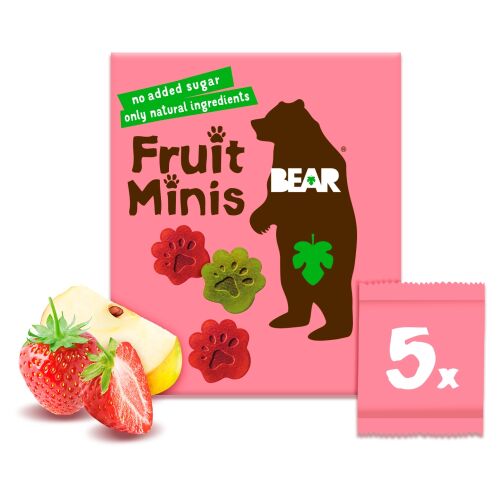 BEAR Minis eper és alma gyümölcs snack hozzáadott cukor nélkül, rózsaszín doboz maci logóval, gyümölcs mancs alakú darabokkal, friss eperrel és almaszeletekkel - Baba étel és ital