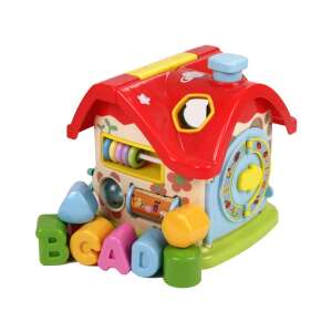 Vidám formaválogató házikó, hračka na triedenie tvarov pre bábätká a malé deti, s farebným domčekom, s dierami rôznych tvarov a kockami na vloženie - Hry na triedenie tvarov