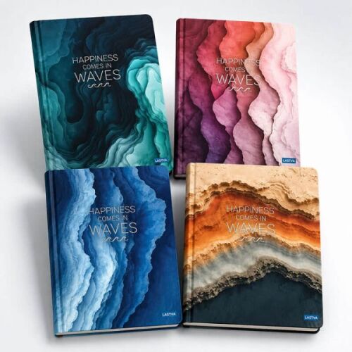 Négy darab Happines Waves A5 keményfedeles kockás notesz többféle színben (türkiz, rózsaszín, kék, barna) fehér háttéren, 'Happiness Comes in Waves' designnal - Irodaszer