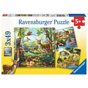 Ravensburger Tiere 3-in-1 Puzzle, 3 x 49 Teile, mit Wald-, Savannen- und Bauernhoftieren - Ravensburger Puzzle
