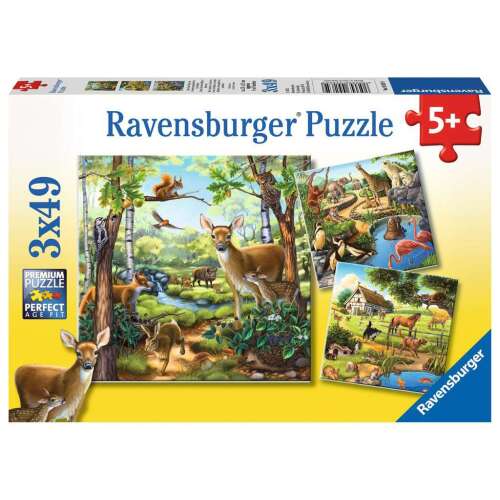 Ravensburger Životinje 3 u 1 Puzzle, 3 x 49 dijelova, sa šumskim, savanskim i domaćim životinjama