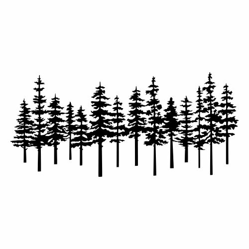Wallity Dekoratív Fém Fali Kiegészítő Fekete Bosque, egy fekete fém műalkotás egy erdő sziluettjével több fenyőfával, sima fehér háttéren, csomagolás nélköl, dőlt nézet - Lakásdekoráció