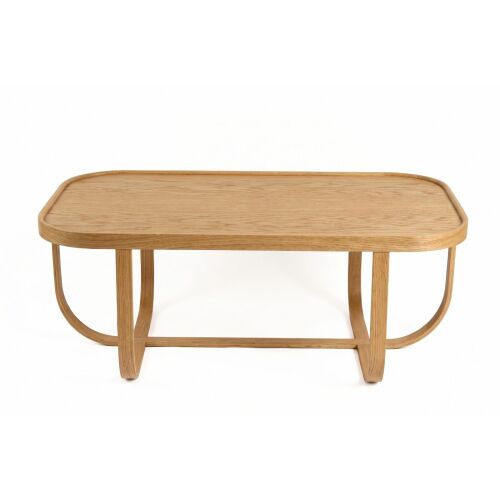 Hanah Home Tual dohányzóasztal 100% tömör tölgyfából, 110 cm széles, téglalap alakú fa asztallappal és ívelt lábakkal, fehér háttér előtt - Hanah Home