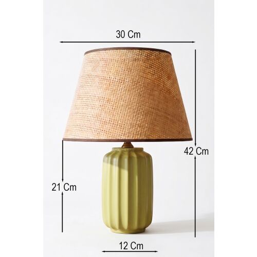 Opviq asztali lámpa krém pisztácia zöld kerámia talppal és természetes fonott lámpabúrával, méretekkel: 30 cm szélesség, 42 cm magasság, 21 cm talpmagasság és 12 cm talp átmérő, fehér háttéren - Opviq