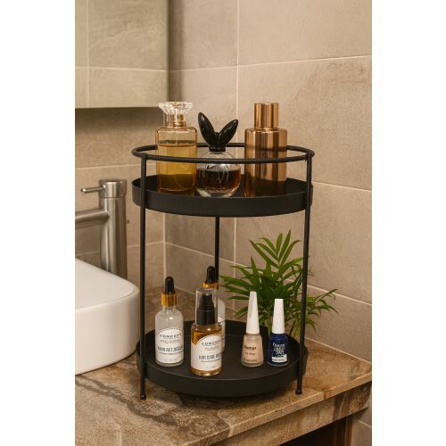 Hermia Organizer Black 2KTLSIYAH, kétszintes fém kozmetikai és parfüm rendszerező fürdőszobai pulton, mosdóval és tükörrel, különféle szépségápolási termékek és illatszerek tárolására - Kozmetikai rendszerező