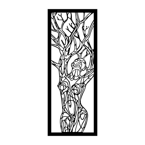 Wallity Dekorációs Fém Fali Kiegészítő Fekete Vuslat, absztrakt design ágak között elhelyezkedő figurával, fekete fém, 20x51 cm, elölnézet fehér háttéren - Lakásdekoráció
