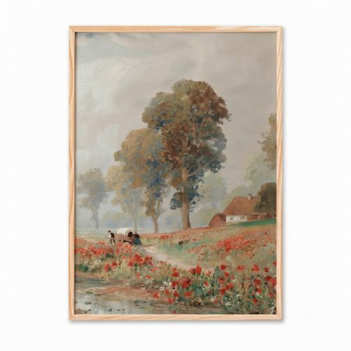 Wallity Dekoratív Keretes Festmény Sokszínű 115011, klasszikus tájkép vörös pipacsokkal és házzal, 50x70 cm - Lakásdekoráció