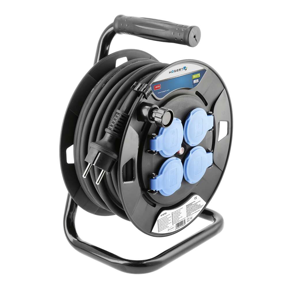 Högert kábeldob fém talppal, 4 aljzat 20m 3x1,5mm2 , gumi kábel ht1e720