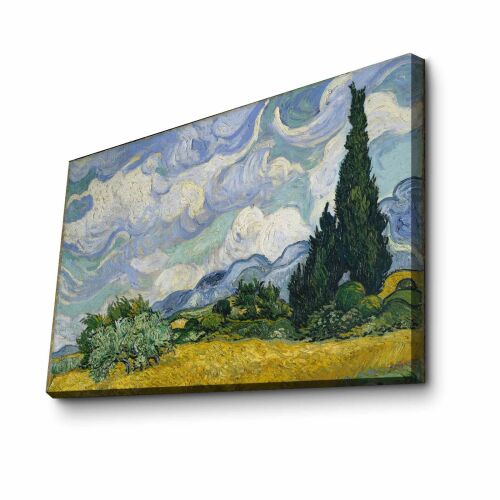 Wallity Dekoratív Vászonkép 4570VANGOGH001, Vincent van Gogh ihlette tájkép műalkotás élénk mezővel, ciprusfával és örvénylő éggel, 3/4-es szögben, fehér háttér előtt - Falikép