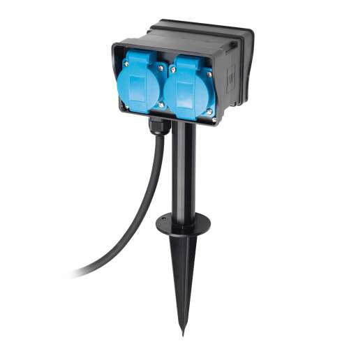 Outdoor power strip with 2 sockets, black, IP44, ground stake, 5m cable