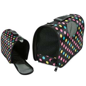 Čierny nosič pre domáce zvieratá s farebnými bodkami, otvorený, zobrazujúci interiér - Chov zvierat
