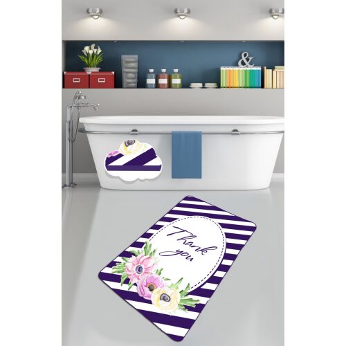 L'essential Maison Fürdőszőnyeg Többszínű Köszönöm 70 x 120, lila csíkos fürdőszőnyeg virágmintával és "Thank you" felirattal, modern fürdőszobai környezetben - L'essential Maison