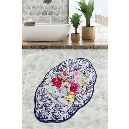 L'essential Maison Bathmat Multicolor Birdie Lohal Djt (80 x 100) madár és virág mintával egy fürdőszobai környezetben, káddal és növényekkel - Fürdőszoba szőnyeg