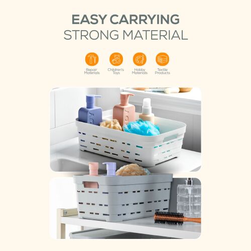 L'essential Maison fehér műanyag tároló kosár szett, 4 darabos, 5 literes, fürdőszobában használt krémekhez és szivacsokhoz, kiemelve az egyszerű hordozhatóságot és az erős anyagot - L'essential Maison