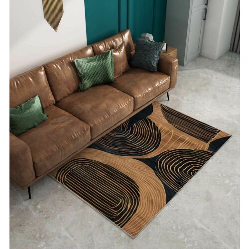 Conceptum Hypnose szőnyeg, 50 x 60, többszínű, modern nappali térben barna bőr kanapéval és zöld párnákkal, absztrakt mintázatát csempézett padlón mutatva - Lakberendezés