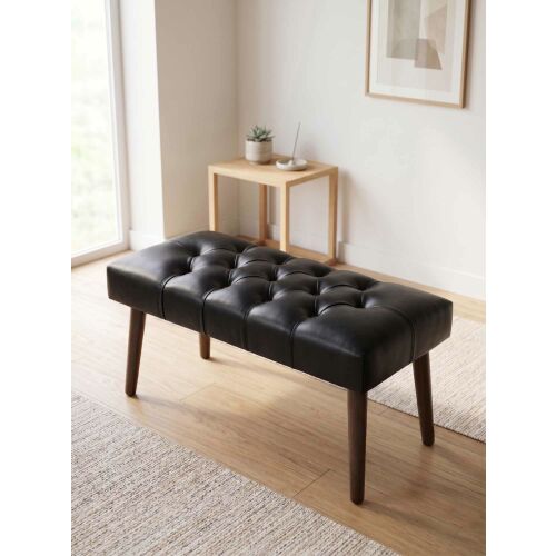 Atelier Del Sofa Pad Fekete Az-Bnc-01-Cvz, fekete steppelt műbőr pad fa l&aacute;bakkal egy modern nappali k&ouml;rnyezetben, eleg&aacute;ns b&uacute;tor előszob&aacute;ba vagy h&aacute;l&oacute;szob&aacute;ba - Tároló pad és ülőke