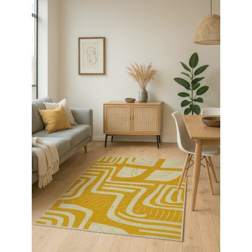 Conceptum Hypnose Carpet BSR-12, 50x60cm, többszínű absztrakt mintás szőnyeg modern nappaliban, szürke kanapéval és fa bótorokkal, belső dekoráció - Szőnyeg