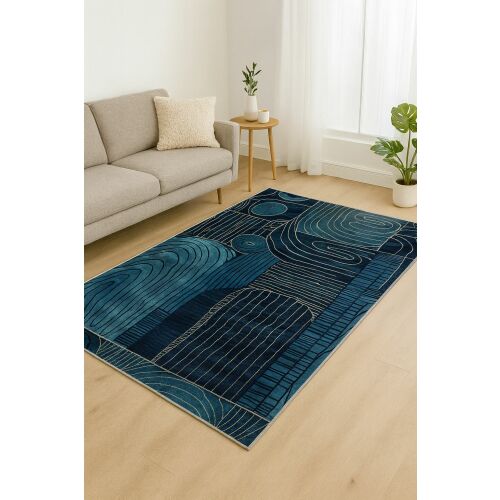 Conceptum Hypnose szőnyeg (100 x 140) Multicolor BSR-13 egy hangulatos nappaliban világosszürke kanapéval és fa asztallal, bemutatva absztrakt kék-fehér mintázatát - Szőnyeg