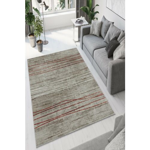 Conceptum Hypnose szőnyeg (60 x 100) Szürke W891, elegáns szürke szőnyeg piros csíkos mintákkal, modern nappaliban elhelyezve, szürke kanapéval és növényekkel, bemutatva esztétikai vonzerejét és illeszkedését a kortárs lakberendezéshez - Szőnyeg