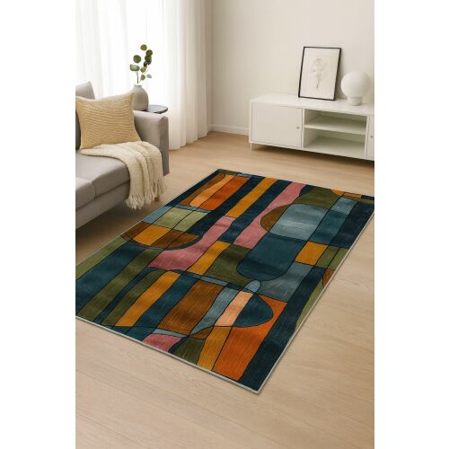 Conceptum Hypnose Carpet 80x150 Multicolor BSR-8 modern nappali környezetben, világosszürke kanapéval, bemutatva élénk absztrakt mintáját és színeit - Lakástextil