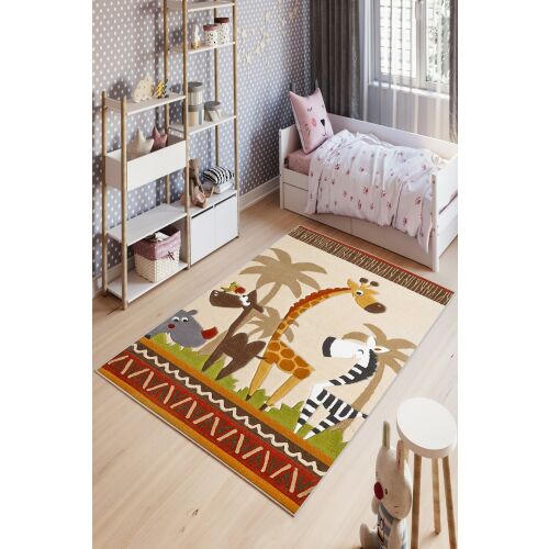 Conceptum Hypnose szőnyeg dzsungel állatmintával, zsiráf, zebra és víziló ábrázolásával, gyermekszoba környezetben, 120x180-as többszínű szőnyeg - Lakástextil