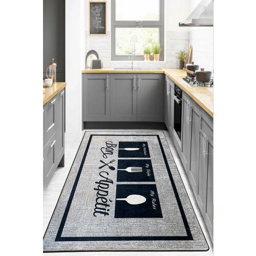 Conceptum Hypnose Carpet 80x200 Multicolor Seabon konyhai futószőnyeg modern konyhai környezetben, Bon Appétit dizájnnal, evőeszköz ikonokkal, foltos háttérrel, csúszásmentes. - Conceptum Hypnose