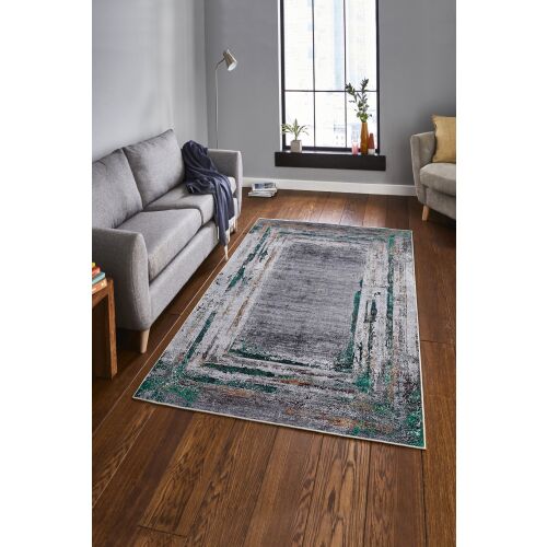 Conceptum Hypnose többszínű szőnyeg (80x120) absztrakt mintával modern nappali környezetben, szürke kanapéval - Lakástextil