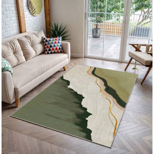 Conceptum Hypnose Carpet többszínű 80 x 140 cm modern nappaliban, világos kanapéval és erkélyre nyíló kilátással, textúráját és mintázatát bemutatva - Otthon és kert