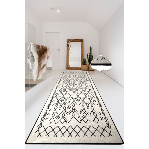 Conceptum Hypnose előszoba szőnyeg, 80x300cm ekrü futószőnyeg fekete geometrikus mintával, modern fehér előszobában, ideális otthoni dekorációhoz és kényelemhez - Dekoráció