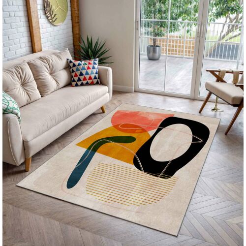Conceptum Hypnose Többszínű Absztrakt Szőnyeg (120 x 180 cm) modern nappali környezetben, világos kanapéval és erkélykapcsolattal, bemutatva élénk dizájnját - Lakástextil