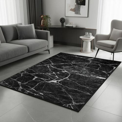 Conceptum Hypnose előszobai szőnyeg, 100x150cm, sokszínű, fekete márvány minta, modern nappali környezetben, e-kereskedelmi termékkép - Conceptum Hypnose