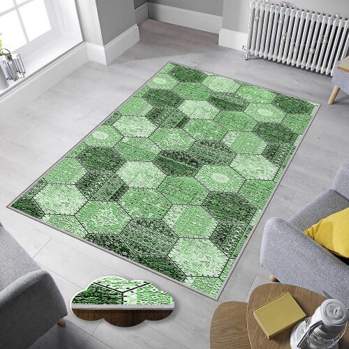Conceptum Hypnose Hall Szőnyeg, 80x200 többszínű zöld geometrikus hatszög mintával modern nappali környezetben - Conceptum Hypnose